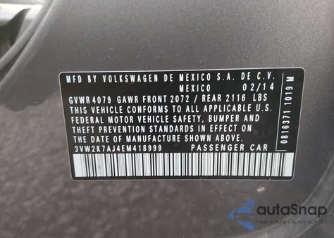 2014 Volkswagen Jetta 2.0L S from USA, damaged, VIN 3VW2K7AJ4EM418999